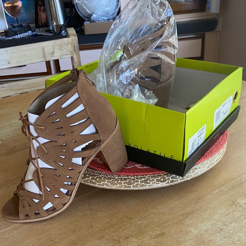 Volatile Brown and White Cutout Heels